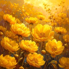 A vibrant field of yellow flowers basking in warm sunlight