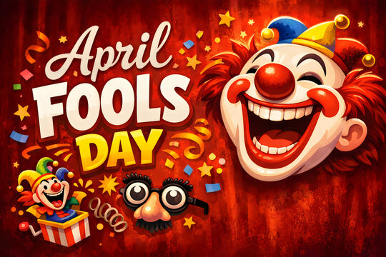 April Fools' Day illustration with clown and confetti