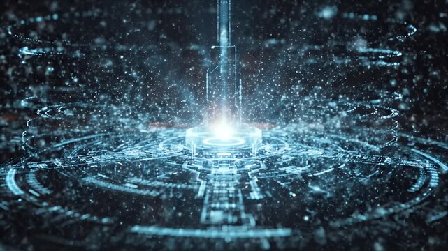 Abstract digital interface with glowing blue particles and data streams representing alert escalation and technological advancement in a dark futuristic background