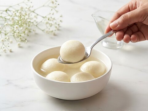 Delicious Indian Rasgulla sweet dessert served in a white bowl with a spoon.