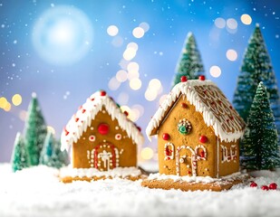 Obraz premium Festive Gingerbread Houses in a Snowy Winter Wonderland Scene.