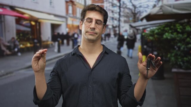 Man holding car keys in his right hand with palms raised in a shrug gesture on a busy street, wearing glasses and dark shirt; mild resignation.