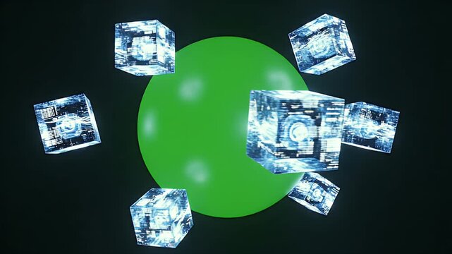 Abstract Glowing Cubes Orbiting Green Sphere Representing Data Nodes in Digital Network Technology Concept