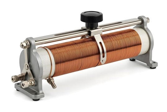 Photorealistic laboratory sliding rheostat with copper wire coil isolated on white background. Clean scientific equipment model for physics education and electrical engineering.