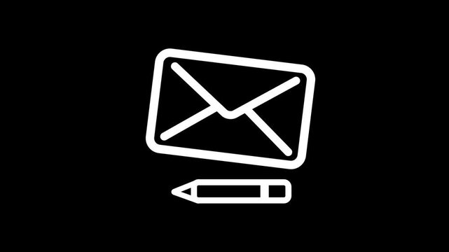 A minimalist white outline of an open envelope with a pencil positioned below it set against a stark black background representing communication and writing correspondence