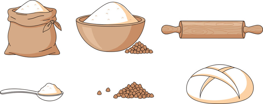 Baking Essentials Illustration Set Featuring Flour, Rolling Pin, Bowl, and Bread for Bakery, Food Branding, and Culinary Designs