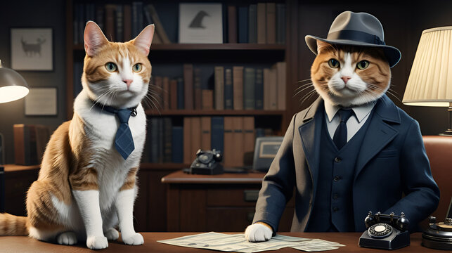 cat and dog duo solving crimes in a quirky detective series, created with