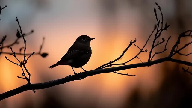 Bird perches on a branch against a vibrant sunset background