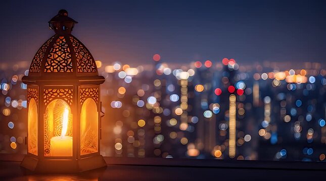 An illuminated traditional Moroccan style lantern casts a warm glow upon a dark balcony overlooking a vibrant city nightscape of blurred lights.