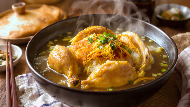 Samgyetang, Korean soup, which primarily consists of a whole young chicken and Korean ginseng. Ginseng chicken soup in English. Samgyetang is traditionally served