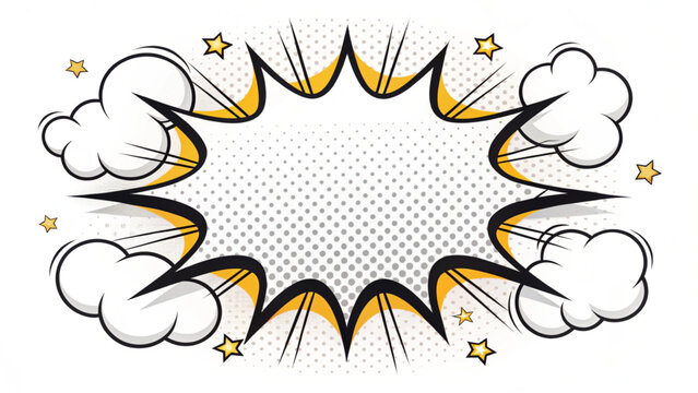 A comic book style explosion graphic with clouds and stars on a white background