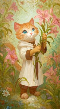Vertical illustration of an orange kitten in a robe holding a pink lily. Whimsical cat character in a floral garden. Fantasy storybook animal portrait