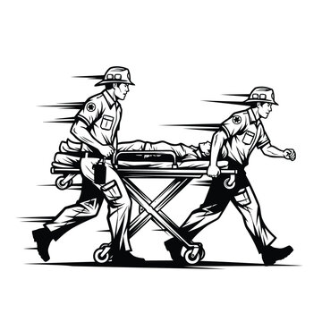 Two paramedics rush patient on stretcher, emergency medical service, action motion