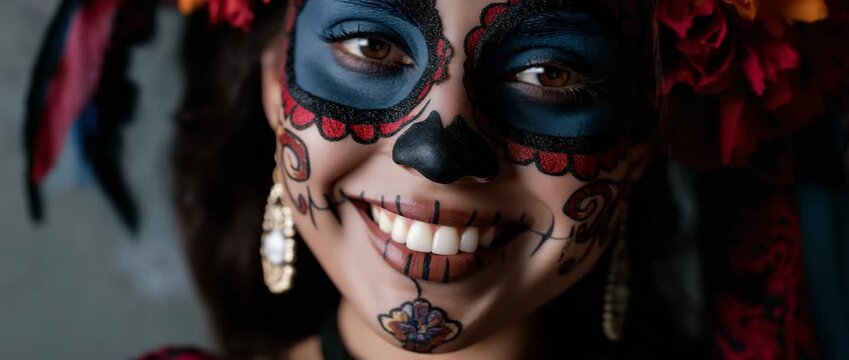 Day of the dead mexican carnival known as Day of the Dead with maxican girl portrait wearing carnival mask of the day of the dead