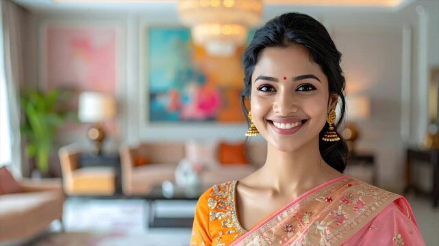 Portrait of a woman with a bindi and gold jewelry, wearing a sari, smiling in a room