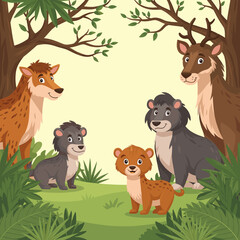Cartoon illustration of a diverse group of forest animals, including deer, bear cubs, and a leopard cub, gathered happily in a vibrant green woodland. © Uchiha