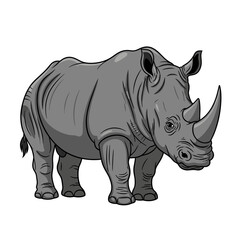Obraz premium Detailed cartoon illustration of a grey rhinoceros standing, showcasing its thick skin and prominent horn.