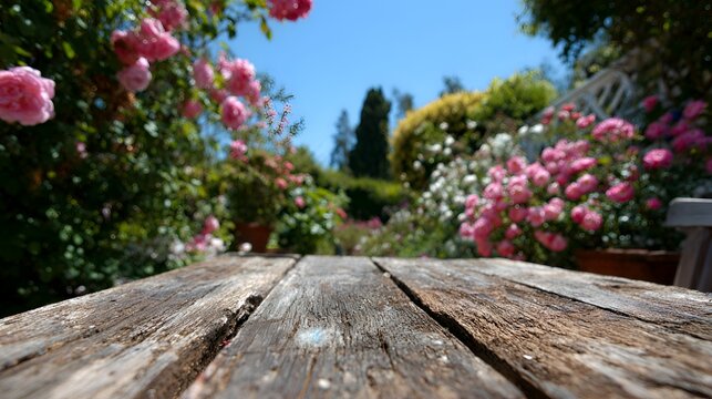 A weathered wooden table provides a foreground perspective into a vibrant rose garden on a beautiful sunny day with a clear blue sky above.