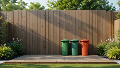 Naklejka premium Three colorful trash bins on a wooden deck against a fence trash cans garbage bins