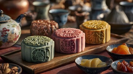 Fototapeta premium Colorful assorted mooncakes elegantly displayed on a wooden tray surrounded by tea set and various sweets for a festive Mid-Autumn celebration.