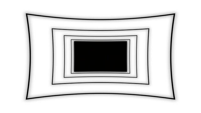 A series of nested, white square frames with softly curved corners and a black center recede into a bright white background creating a dimensional perspective effect