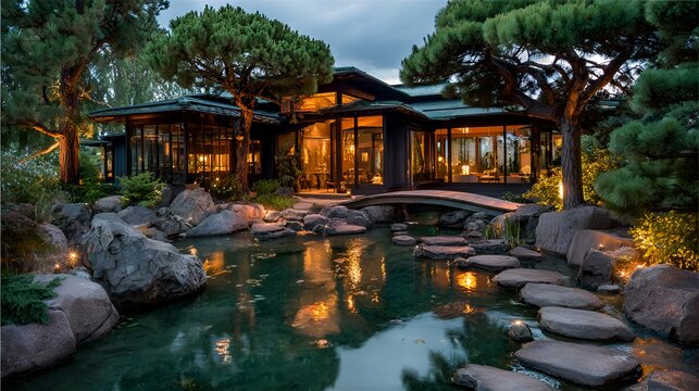 An exquisite modern home is led amidst lush landscaping with tranquil pond and rock garden, glowing warmly in the evening light perfectly.