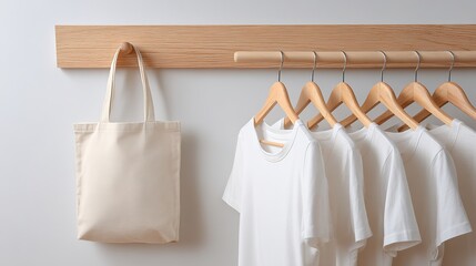 White t-shirts on wooden hangers and a canvas tote bag on a wall rack