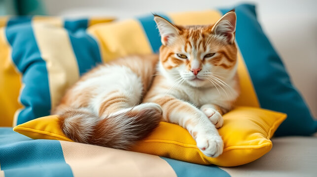Cute tubby cat on a yellow and blue pillows. Pet relaxing time. Selective focus. Animal life.