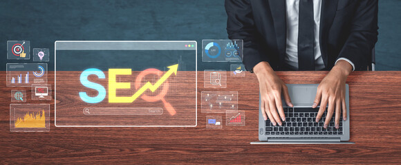 SEO concept for improving SEO visibility, with SEO related digital tools and SEO performance icons...