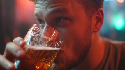 Person drinks beer from glass, becoming drunk.