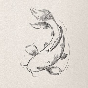 Delicate pencil sketch of a koi fish swimming gracefully, detailed shading on a textured surface