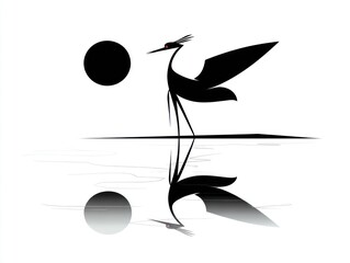 Fototapeta premium Silhouette of a stylized crane with a moon, reflected in water. Clean, minimalist design