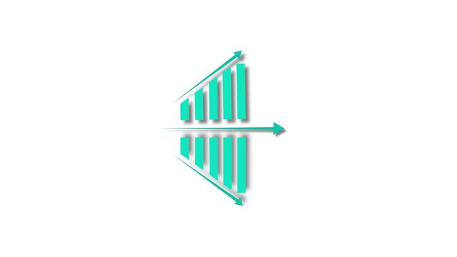 A symmetrical arrangement of teal bar graphs with upward and downward pointing arrows on a white background, symbolizing data analysis and contrasting trends