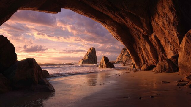 Serene Coastal Cave with Sunset Reflection Over Ocean Waves