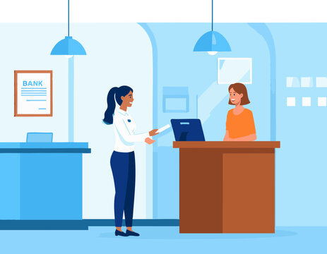 flat vector illustration of bank teller assisting customer at counter