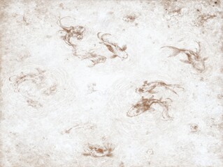 Sepia-toned illustration depicts koi fish swimming in a tranquil pond with subtle ripple effects