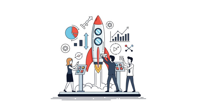 Set of business people launching rocket vector illustration