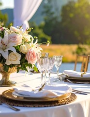 Fototapeta premium Elegant Wedding Table Setting with Floral Centerpiece and Gold Accents.