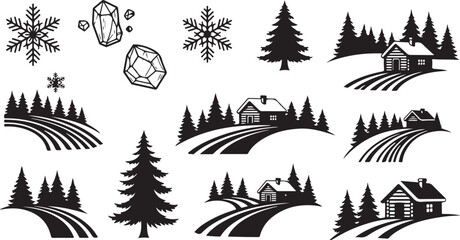 Winter landscape icons with houses and pine trees silhouettes