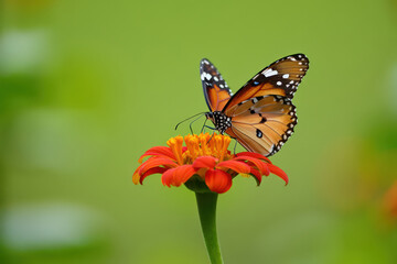 Obraz premium Vibrant Monarch Butterfly Perched on a Bright Orange Flower Against a Soft Green Backdrop Showcasing the Beauty of Nature and Wildlife