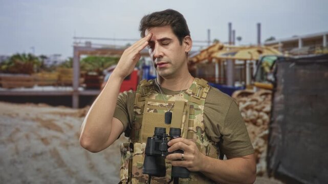Man soldier in camouflage vest holds binoculars to eyes and then rubs his forehead while standing near a building construction area; fatigue vigilance duty.