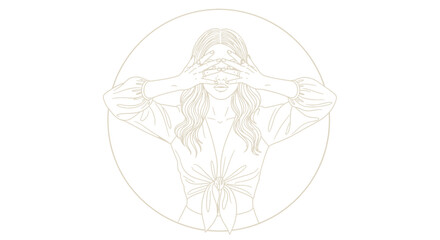 Fototapeta premium A woman covers her eyes with both hands inside a circle outline.
