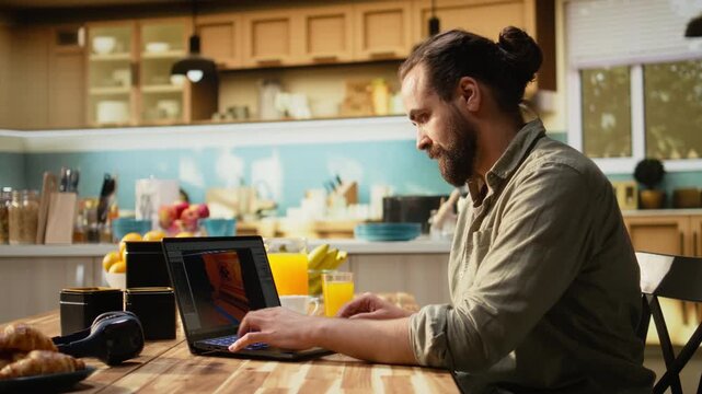 Videogame developer testing game assets and visual effects at home, programming mechanics, animation and visual design for virtual storytelling. VFX and entertainment technology for development.