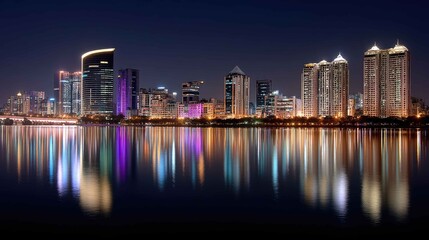 Fototapeta premium Stunning Night View of Urban Skyline with Reflections on Water
