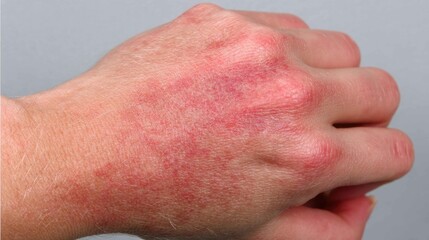 Fototapeta premium Red Skin Irritation on Human Hand Close-Up with Gray Background