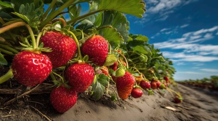 Fresh and Juicy Red Strawberries Growing in a Sunny Field
