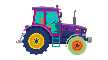 Obraz premium Flat vector illustration of modern farm tractor side view, agriculture machinery concept, minimalist flat design, solid random colors, isolated on white background, no text, no gradient