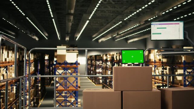Mockup isolated green screen tablet in empty industrial warehouse, platform used for e-commerce logistics and distribution. Computer screen running a tracking software and AWB tags.