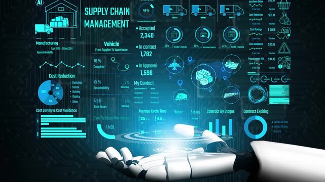 AI controls supply chain systems with virtual assistant monitoring, route optimization, and artificial intelligence for procurement, delivery, and warehouse tracking. Thunk