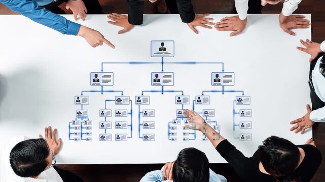 A group of diverse professionals engages in a strategic planning session, focusing on an organizational chart visualized on a conference table. Collaboration and leadership shine. Raster